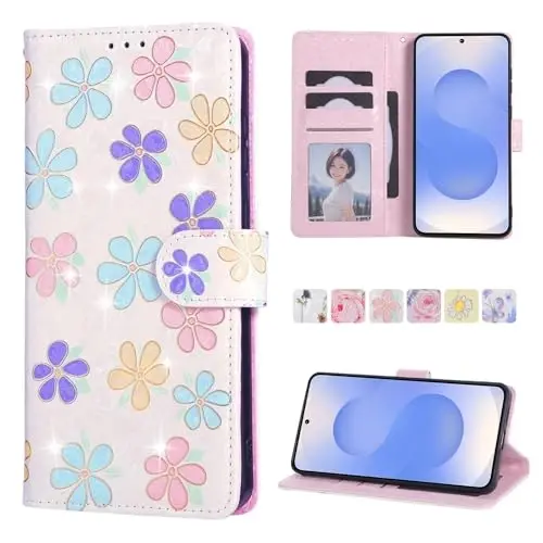 UEEBAI Wallet Case for Samsung Galaxy S25 Edge 5G, PU Leather Phone Cover Kickstand RFID Blocking Flip Case Card Slots Wrist Strap Relief Engraved Pattern Magnetic Closure Flower Cover, White Daisy - 1