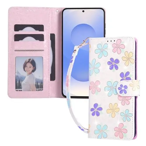 UEEBAI Wallet Case for Samsung Galaxy S25 Edge 5G, PU Leather Phone Cover Kickstand RFID Blocking Flip Case Card Slots Wrist Strap Relief Engraved Pattern Magnetic Closure Flower Cover, White Daisy - 2