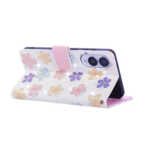 UEEBAI Wallet Case for Samsung Galaxy S25 Edge 5G, PU Leather Phone Cover Kickstand RFID Blocking Flip Case Card Slots Wrist Strap Relief Engraved Pattern Magnetic Closure Flower Cover, White Daisy - 3