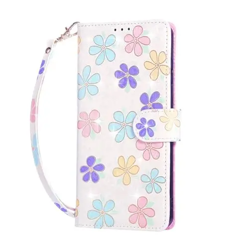 UEEBAI Wallet Case for Samsung Galaxy S25 Edge 5G, PU Leather Phone Cover Kickstand RFID Blocking Flip Case Card Slots Wrist Strap Relief Engraved Pattern Magnetic Closure Flower Cover, White Daisy - 5