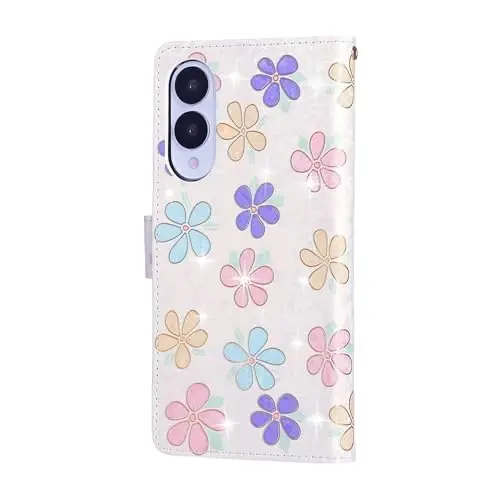 UEEBAI Wallet Case for Samsung Galaxy S25 Edge 5G, PU Leather Phone Cover Kickstand RFID Blocking Flip Case Card Slots Wrist Strap Relief Engraved Pattern Magnetic Closure Flower Cover, White Daisy - 6