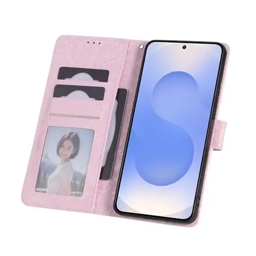 UEEBAI Wallet Case for Samsung Galaxy S25 Edge 5G, PU Leather Phone Cover Kickstand RFID Blocking Flip Case Card Slots Wrist Strap Relief Engraved Pattern Magnetic Closure Flower Cover, White Daisy - 7