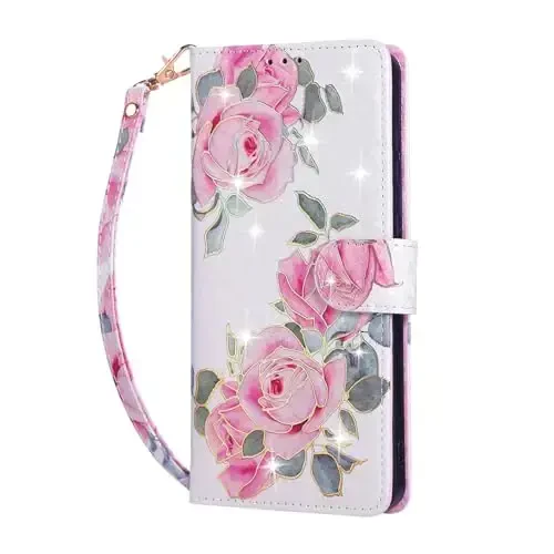 UEEBAI Wallet Case for Samsung Galaxy S25 Edge 5G, PU Leather Phone Case Kickstand RFID Blocking Flip Case Card Slots Wrist Strap Relief Engraved Pattern Magnetic Closure Flower Case, White Rose - 5