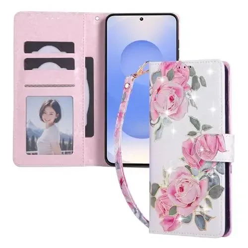 UEEBAI Wallet Case for Samsung Galaxy S25 Edge 5G, PU Leather Phone Case Kickstand RFID Blocking Flip Case Card Slots Wrist Strap Relief Engraved Pattern Magnetic Closure Flower Case, White Rose - UEEBAI (1)