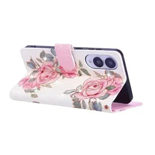 UEEBAI Wallet Case for Samsung Galaxy S25 Edge 5G, PU Leather Phone Case Kickstand RFID Blocking Flip Case Card Slots Wrist Strap Relief Engraved Pattern Magnetic Closure Flower Case, White Rose - 3