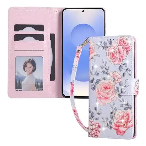 UEEBAI Wallet Case for Samsung Galaxy S25 Edge 5G, PU Leather Phone Case Kickstand RFID Blocking Flip Case Card Slots Wrist Strap Relief Engraved Pattern Magnetic Closure Flower Case, Purple Rose - 2