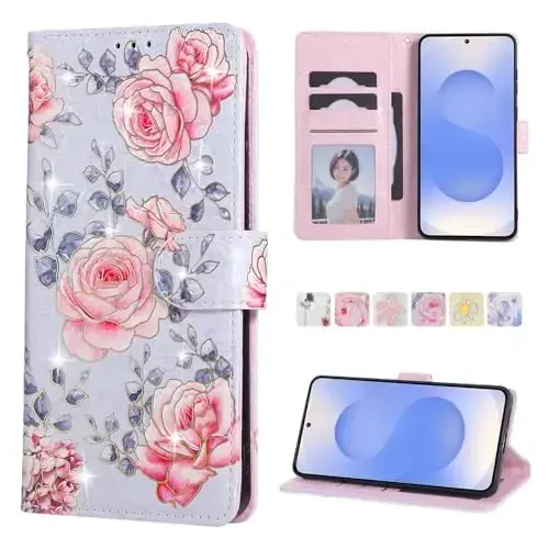 UEEBAI Wallet Case for Samsung Galaxy S25 Edge 5G, PU Leather Phone Case Kickstand RFID Blocking Flip Case Card Slots Wrist Strap Relief Engraved Pattern Magnetic Closure Flower Case, Purple Rose - 1