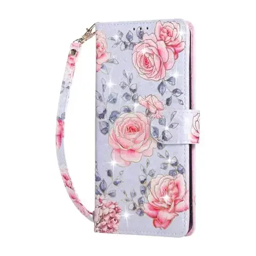 UEEBAI Wallet Case for Samsung Galaxy S25 Edge 5G, PU Leather Phone Case Kickstand RFID Blocking Flip Case Card Slots Wrist Strap Relief Engraved Pattern Magnetic Closure Flower Case, Purple Rose - 5