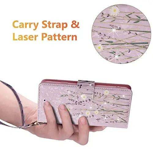 UEEBAI Wallet Case for Samsung Galaxy S25 Edge 5G, PU Leather Phone Cover Kickstand RFID Blocking Flip Case Card Slots Wrist Strap Relief Engraved Pattern Magnetic Closure Flower Cover, Lavender - 5