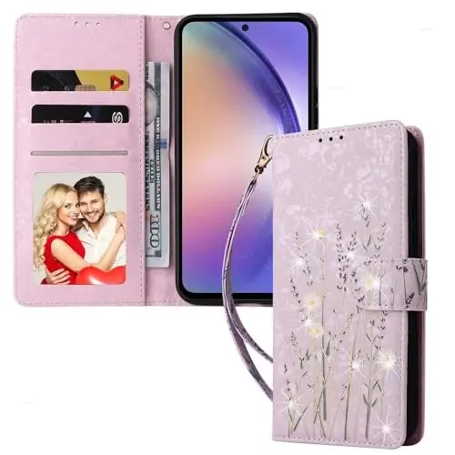 UEEBAI Wallet Case for Samsung Galaxy S25 Edge 5G, PU Leather Phone Case Kickstand RFID Blocking Flip Case Card Slots Wrist Strap Relief Engraved Pattern Magnetic Closure Flower Case, Lavender - 2