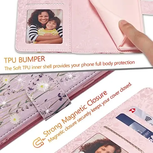 UEEBAI Wallet Case for Samsung Galaxy S25 Edge 5G, PU Leather Phone Case Kickstand RFID Blocking Flip Case Card Slots Wrist Strap Relief Engraved Pattern Magnetic Closure Flower Case, Lavender - 7
