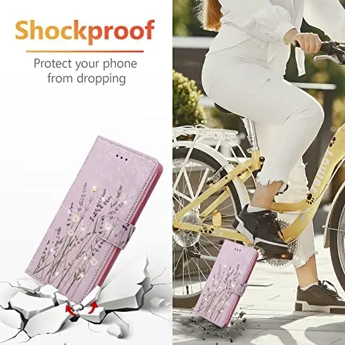 UEEBAI Wallet Case for Samsung Galaxy S25 Edge 5G, PU Leather Phone Cover Kickstand RFID Blocking Flip Case Card Slots Wrist Strap Relief Engraved Pattern Magnetic Closure Flower Cover, Lavender - 6