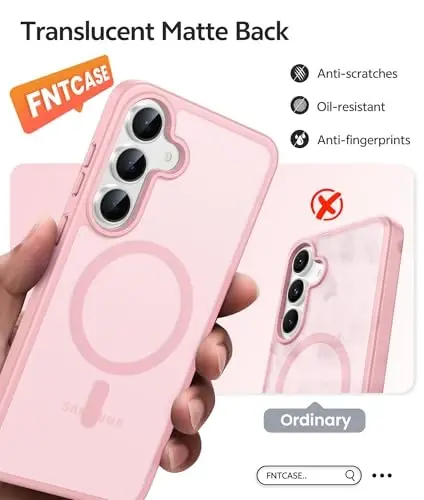 FNTCASE for Samsung Galaxy S25 FE Case, Fit for Magsafe, Screen Protector | Translucent Matte Magnetic Back, 14FT Military Grade Drop Protection, Slim Shockproof Protective Phone Cover, Light Pink - FNTCASE