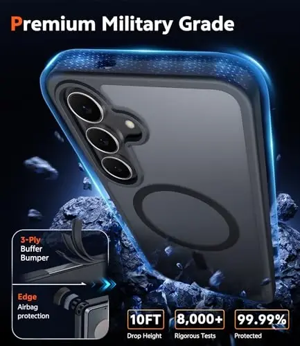 Samsung Galaxy S25-FE uchun FNTCASE g'ilofi: Ekran himoyachisi bilan magnitli mat telefon g'iloflari, Magsafe bilan mos tushadigan, yiqilishga chidamli, ingichka, mustahkam, zarbaga chidamli, yarim shaffof g'ilof (C-Frosted Black) - 5