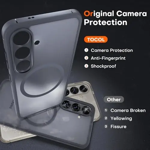 Samsung Galaxy S25 Kılıfı için TOCOL, Geliştirilmiş Tam Kamera Koruması, Magsafe Uyumlu, Düşmeye Karşı Korumalı İnce Manyetik Mat Arka Kapak, Galaxy S25 6.2 İnç için (Siyah) - 5