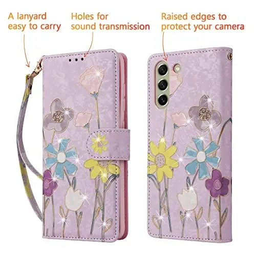 UEEBAI Wallet Case for Samsung Galaxy S25 Plus 5G, Leather Phone Wallet Kickstand RFID Blocking Flip Case Card Slots Wrist Strap Relief Engraved Pattern Magnetic Closure Flower Cover, Sunflower - 5