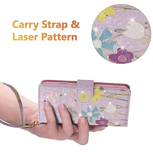 UEEBAI Wallet Case for Samsung Galaxy S25 Plus 5G, Leather Phone Wallet Kickstand RFID Blocking Flip Case Card Slots Wrist Strap Relief Engraved Pattern Magnetic Closure Flower Cover, Sunflower - 6