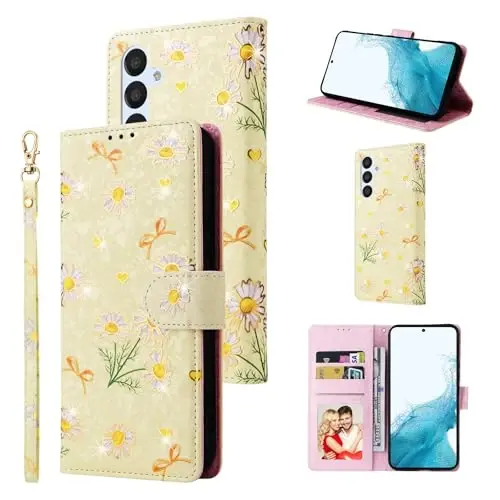 UEEBAI Wallet Case for Samsung Galaxy S25 Plus 5G, PU Leather Phone Case Kickstand RFID Blocking Flip Case Card Slots Wrist Strap Relief Engraved Pattern Magnetic Closure Flower Case, Yellow Daisy - 1