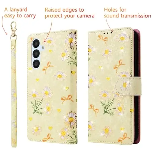 UEEBAI Wallet Case for Samsung Galaxy S25 Plus 5G, PU Leather Phone Case Kickstand RFID Blocking Flip Case Card Slots Wrist Strap Relief Engraved Pattern Magnetic Closure Flower Case, Yellow Daisy - 5