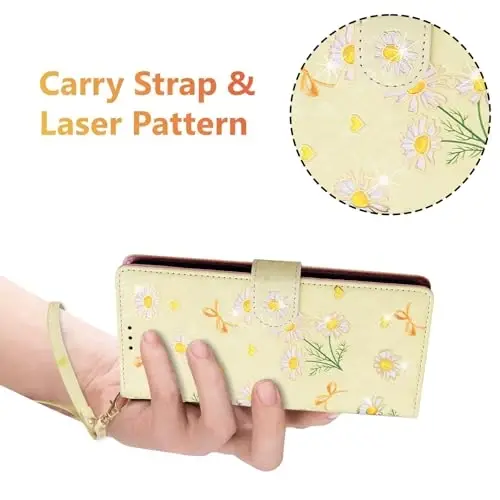 UEEBAI Wallet Case for Samsung Galaxy S25 Plus 5G, PU Leather Phone Case Kickstand RFID Blocking Flip Case Card Slots Wrist Strap Relief Engraved Pattern Magnetic Closure Flower Case, Yellow Daisy - 6