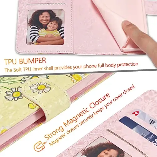 UEEBAI Wallet Case for Samsung Galaxy S25 Plus 5G, PU Leather Phone Case Kickstand RFID Blocking Flip Case Card Slots Wrist Strap Relief Engraved Pattern Magnetic Closure Flower Case, Yellow Daisy - 7