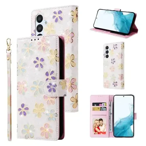 UEEBAI Wallet Case for Samsung Galaxy S25 Plus 5G, PU Leather Phone Case Kickstand RFID Blocking Flip Case Card Slots Wrist Strap Relief Engraved Pattern Magnetic Closure Flower Case, White Daisy - 1