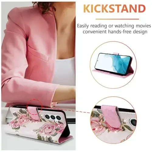 UEEBAI Samsung Galaxy S25 Plus 5G Flip Case, PU Leather & TPU, RFID Blocking, Card Slots, Kickstand, Wrist Strap, Magnetic Closure, White Rose Flower Pattern - 2