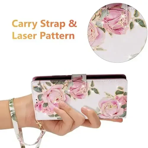 UEEBAI Samsung Galaxy S25 Plus 5G Flip Case, PU Leather & TPU, RFID Blocking, Card Slots, Kickstand, Wrist Strap, Magnetic Closure, White Rose Flower Pattern - 6