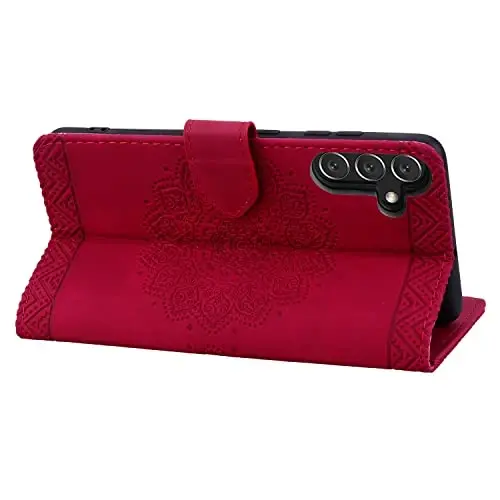 Rosbtib Flip Case for Samsung Galaxy S25+ Plus / S24+ Plus, Durable PU Leather Wallet Case with Card Holder Protective Cover for Galaxy S25+ - Mandala Red - 3