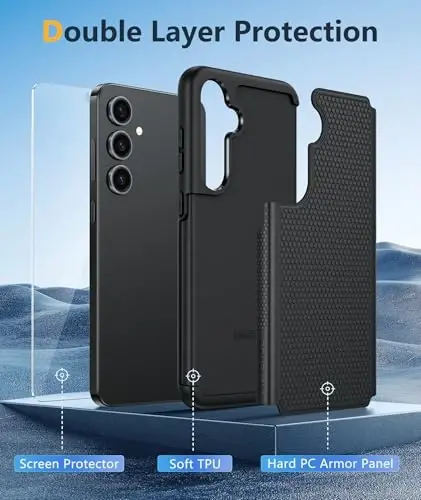 Samsung Galaxy S25-Plus uchun FNTCASE g'ilofi: S24-Plus ikki qavatli og'ir yuk mobil telefon himoya qopqog'i zarbaga chidamli mustahkam, sirpanishga qarshi teksturali - Harbiy tomchidan himoya bamperi - 6,7 dyuym (qora) - 3