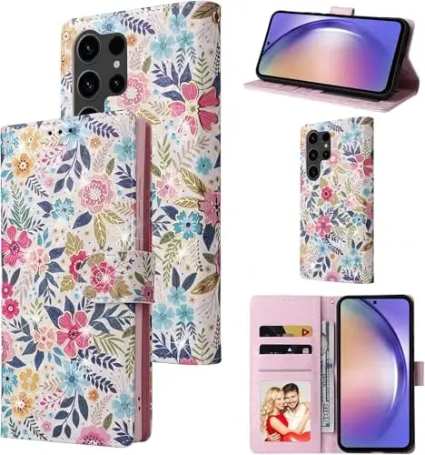 UEEBAI Wallet Case for Samsung Galaxy S25 Ultra 5G, Leather Phone Wallet Kickstand RFID Blocking Flip Case Card Slots Wrist Strap Relief Engraved Pattern Magnetic Closure Flower Cover, Multi-Flower - 1