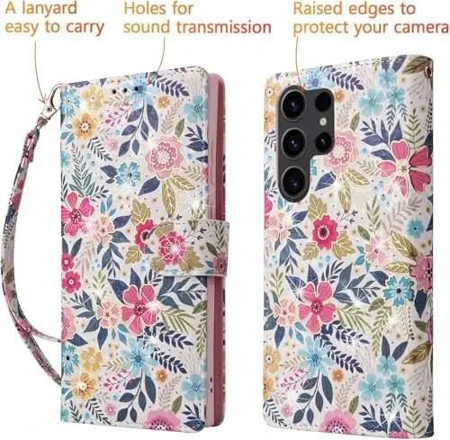 UEEBAI Wallet Case for Samsung Galaxy S25 Ultra 5G, Leather Phone Wallet Kickstand RFID Blocking Flip Case Card Slots Wrist Strap Relief Engraved Pattern Magnetic Closure Flower Cover, Multi-Flower - 5