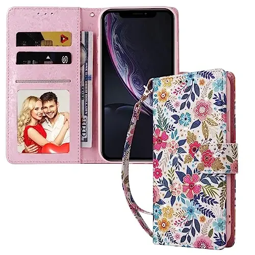 UEEBAI Wallet Case for Samsung Galaxy S25 Ultra 5G, Leather Phone Wallet Kickstand RFID Blocking Flip Case Card Slots Wrist Strap Relief Engraved Pattern Magnetic Closure Flower Cover, Multi-Flower - 6