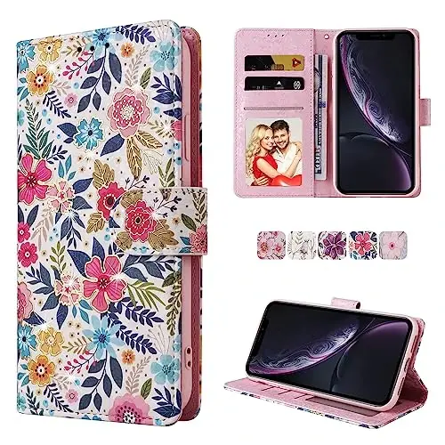 UEEBAI Wallet Case for Samsung Galaxy S25 Ultra 5G, Leather Phone Wallet Kickstand RFID Blocking Flip Case Card Slots Wrist Strap Relief Engraved Pattern Magnetic Closure Flower Cover, Multi-Flower - 7