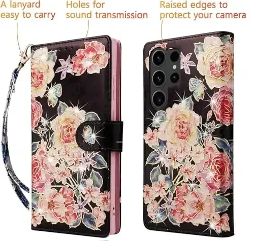 UEEBAI Wallet Case for Samsung Galaxy S25 Ultra 5G, Leather Phone Wallet Kickstand RFID Blocking Flip Case Card Slots Wrist Strap Relief Engraved Pattern Magnetic Closure Flower Cover, Black Rose - 5