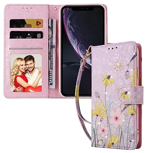 UEEBAI Wallet Case for Samsung Galaxy S25 Ultra 5G, Leather Phone Wallet Kickstand RFID Blocking Flip Case Card Slots Wrist Strap Relief Engraved Pattern Magnetic Closure Flower Cover, Sunflower - 2