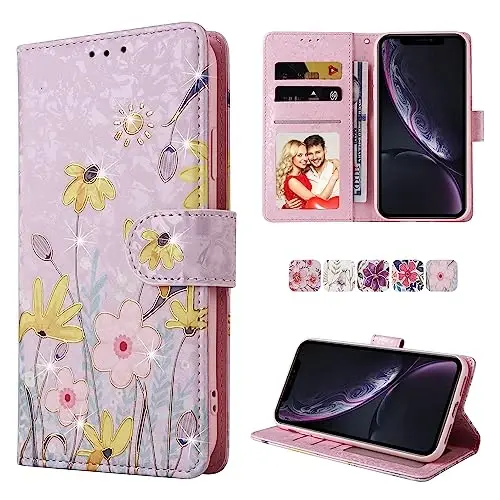 UEEBAI Wallet Case for Samsung Galaxy S25 Ultra 5G, Leather Phone Wallet Kickstand RFID Blocking Flip Case Card Slots Wrist Strap Relief Engraved Pattern Magnetic Closure Flower Cover, Sunflower - 1