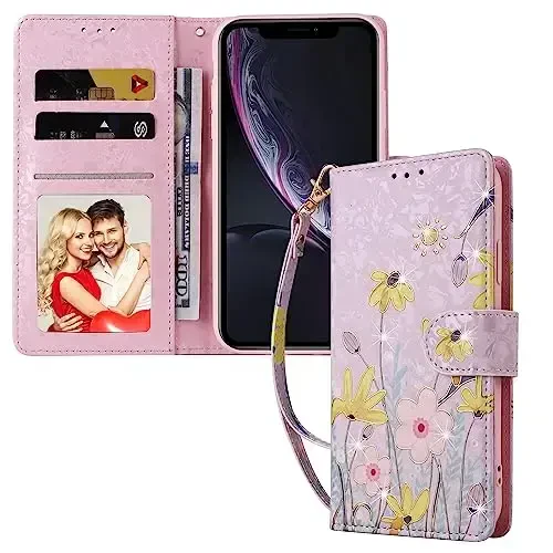 UEEBAI Wallet Case for Samsung Galaxy S25 Ultra 5G, Leather Phone Wallet Kickstand RFID Blocking Flip Case Card Slots Wrist Strap Relief Engraved Pattern Magnetic Closure Flower Cover, Sunflower - UEEBAI (1)