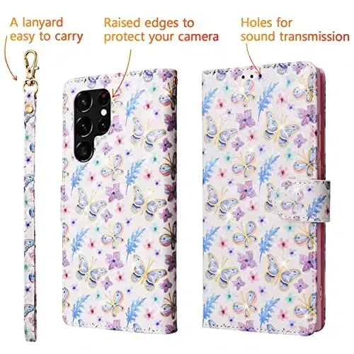 UEEBAI Wallet Case for Samsung Galaxy S25 Ultra 5G, PU Leather Phone Case Kickstand RFID Blocking Flip Case Card Slots Wrist Strap Relief Engraved Pattern Magnetic Closure Flower Case, Butterfly - 5