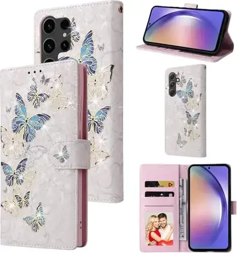 UEEBAI Wallet Case for Samsung Galaxy S25 Ultra 5G, PU Leather Phone Case Kickstand RFID Blocking Flip Case Card Slots Wrist Strap Relief Engraved Pattern Magnetic Closure Flower Case, BlueButterfly - UEEBAI