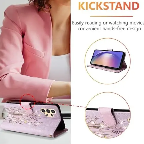 UEEBAI Wallet Case for Samsung Galaxy S25 Ultra 5G, PU Leather Phone Case Kickstand RFID Blocking Flip Case Card Slots Wrist Strap Relief Engraved Pattern Magnetic Closure Flower Case, Lavender - 2