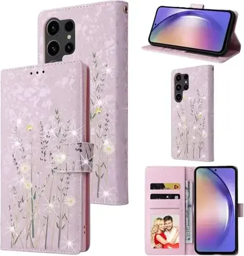 UEEBAI Wallet Case for Samsung Galaxy S25 Ultra 5G, PU Leather Phone Case Kickstand RFID Blocking Flip Case Card Slots Wrist Strap Relief Engraved Pattern Magnetic Closure Flower Case, Lavender 