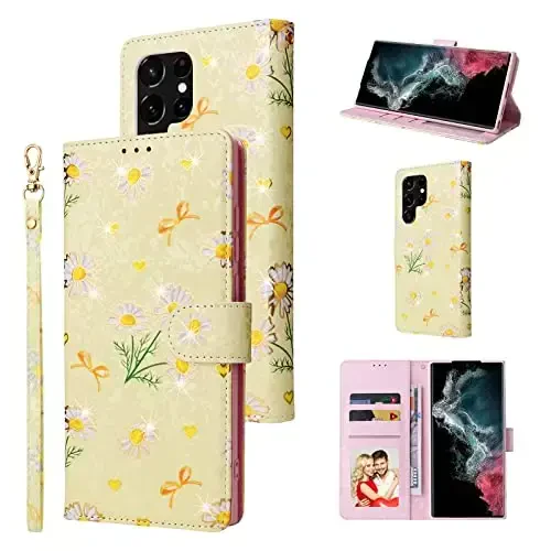 UEEBAI Wallet Case for Samsung Galaxy S25 Ultra 5G, PU Leather Phone Case Kickstand RFID Blocking Flip Case Card Slots Wrist Strap Relief Engraved Pattern Magnetic Closure Flower Case, Yellow Daisy - UEEBAI