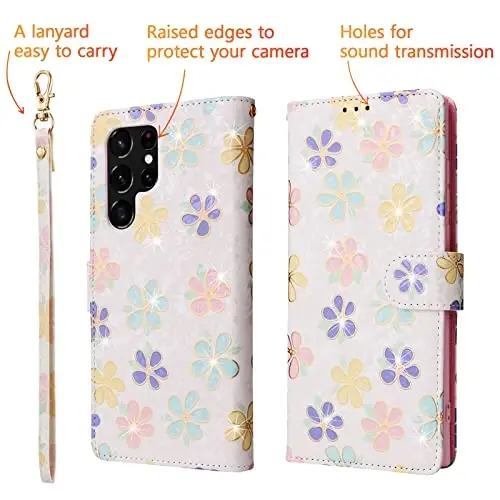 UEEBAI Wallet Case for Samsung Galaxy S25 Ultra 5G, PU Leather Phone Case Kickstand RFID Blocking Flip Case Card Slots Wrist Strap Relief Engraved Pattern Magnetic Closure Flower Case, White Daisy - 5