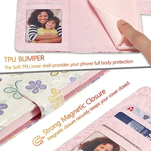UEEBAI Wallet Case for Samsung Galaxy S25 Ultra 5G, PU Leather Phone Case Kickstand RFID Blocking Flip Case Card Slots Wrist Strap Relief Engraved Pattern Magnetic Closure Flower Case, White Daisy - 7