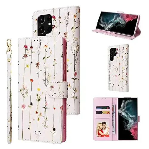 UEEBAI Wallet Case for Samsung Galaxy S25 Ultra 5G, PU Leather Phone Case Kickstand RFID Blocking Flip Case Card Slots Wrist Strap Relief Engraved Pattern Magnetic Closure Flower Folio Case, Vine - UEEBAI