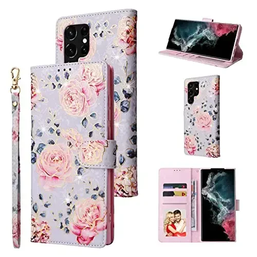 UEEBAI Wallet Case for Samsung Galaxy S25 Ultra 5G, PU Leather Phone Case Kickstand RFID Blocking Flip Case Card Slots Wrist Strap Relief Engraved Pattern Magnetic Closure Flower Case, Purple Rose 