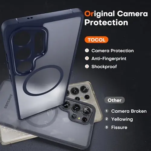 Samsung Galaxy S25 Ultra uchun TOCOL Magnetic g'ilofi, yangilangan to'liq kamera himoyasi, Magsafe bilan mos, tushib ketishdan himoyalovchi, Samsung Galaxy S25 Ultra 6.9 dyuym uchun ingichka shaffof orqa qopqoq (ko'k) - 5