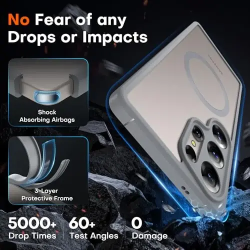 Samsung Galaxy S25 Ultra uchun TOCOL magnitli g‘ilofi, yangilangan to‘liq kamera himoyasi, Magsafe bilan mos, tushib ketishdan himoya qiluvchi ingichka shaffof orqa qopqoq, Samsung Galaxy S25 Ultra 6.9 dyuym uchun (kulrang) - 4