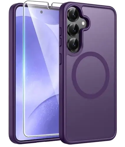 FNTCASE for Samsung Galaxy S25/S24 Case, Fit for Magsafe, Screen Protector | Translucent Matte Magnetic Back, 14FT Military Grade Drop Protection, Shockproof Protective Phone Cover, Purple 